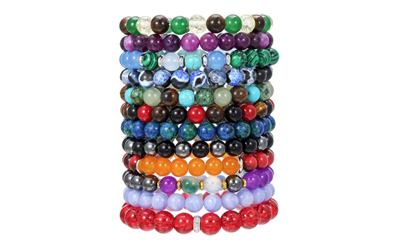 Stack of colorful beaded gemstone bracelets