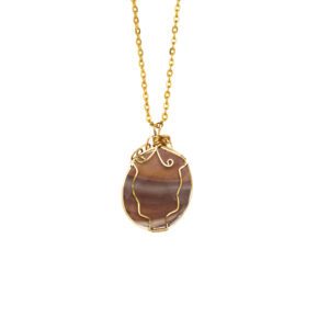 Gold chain with wire-wrapped brown stone pendant